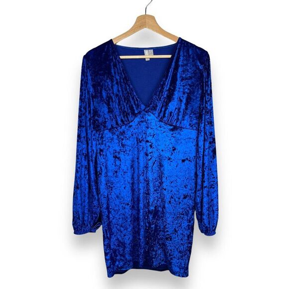 ASOS Velvet Long Sleeve Button Detail Mini Dress in Cobalt Blue - Picture 5 of 9